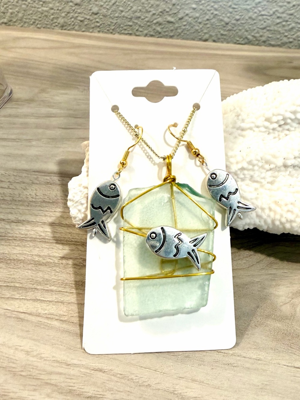 109. Light green Sea Glass Fish Pendant Necklace and Earrings
